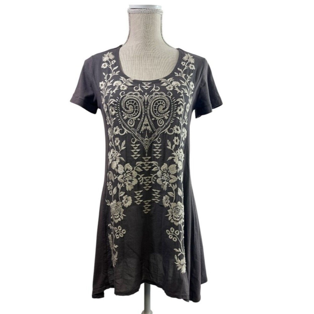 Johnny Was Embroidered Cotton Tunic Top Short Sleeve Boho Floral Sz XS